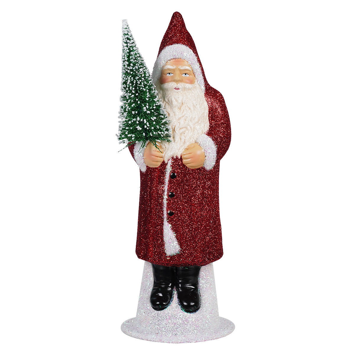 Ino Schaller Large Red Glitter Coat Santa Holding Green Frosted Tree