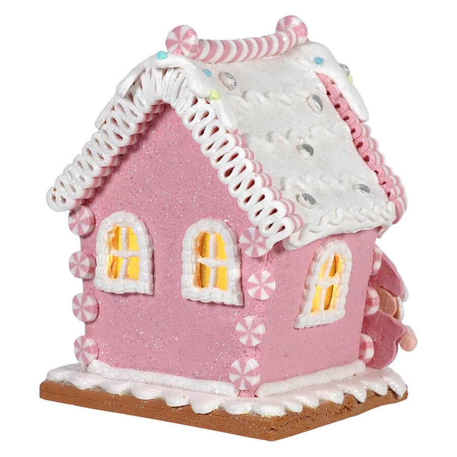 Santa & Reindeer Lighted Pink Gingerbread House
