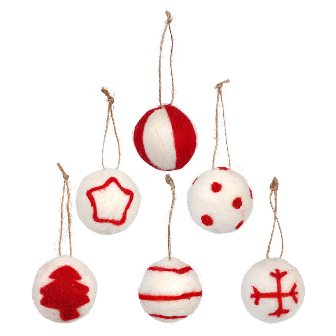 Felt Tufted Red & White Holiday Ornaments Set/6