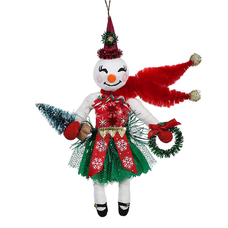 Festive Red Green Spun Cotton Snow Woman Ornament by Pamela