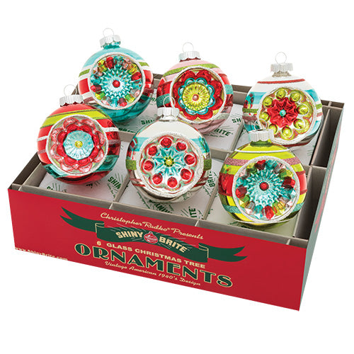 Festive Fete Decorated Reflector Round Ornaments Set/6
