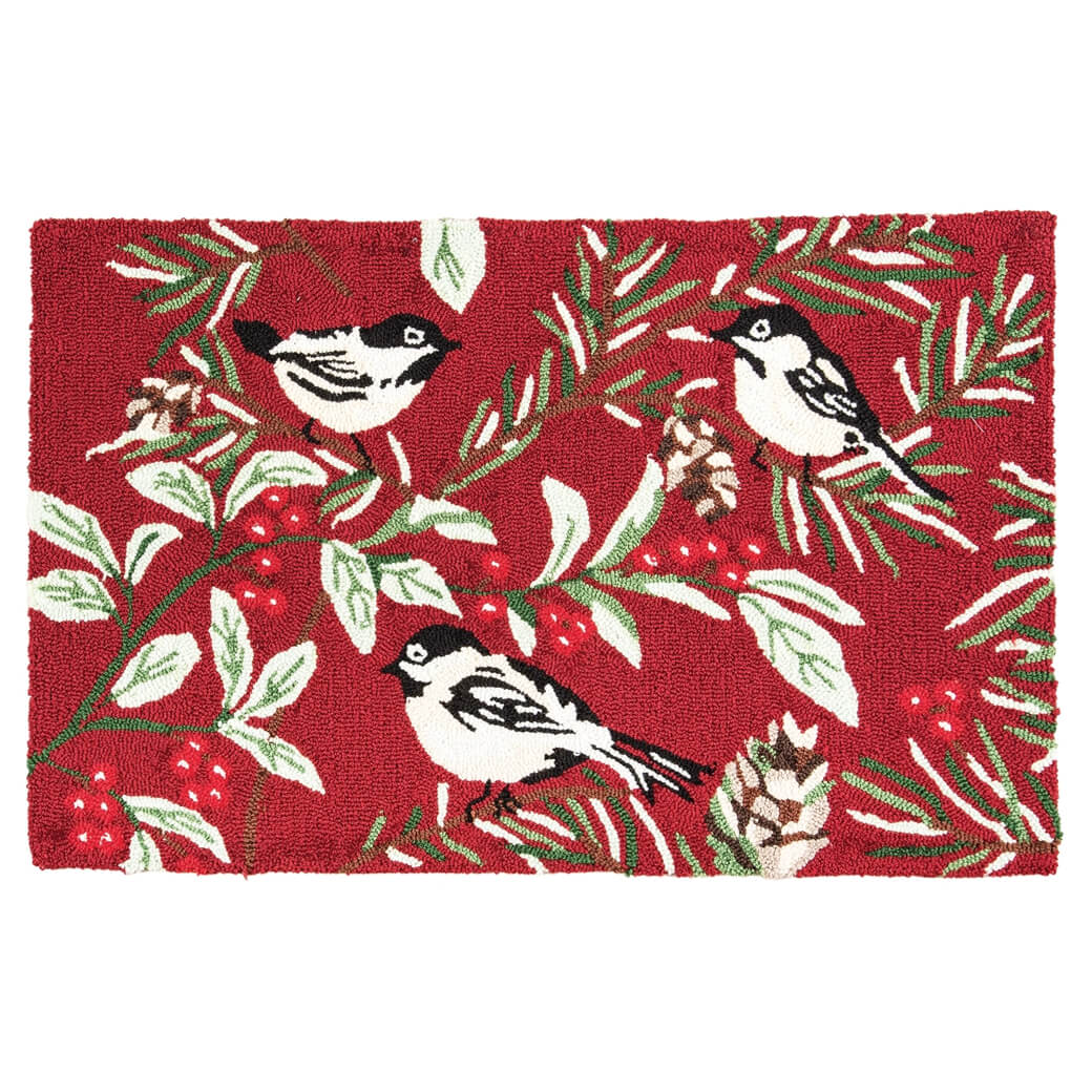 Chickadees With Hollies Red Rug