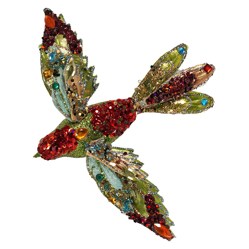 Green Multicolored Glittered & Jeweled Bird Clip Ornament