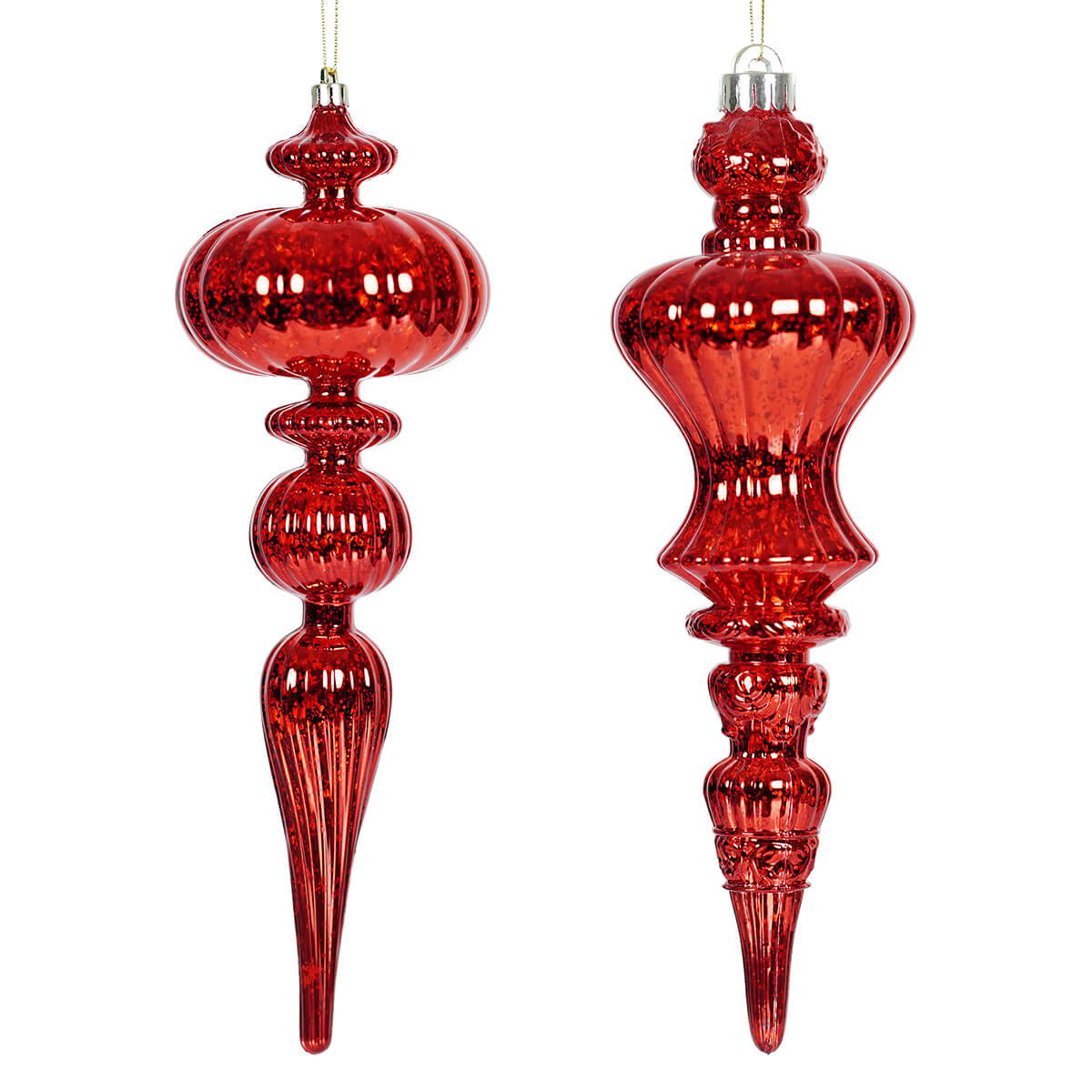 Large Red Distressed Finish Finial Ornaments Set/2