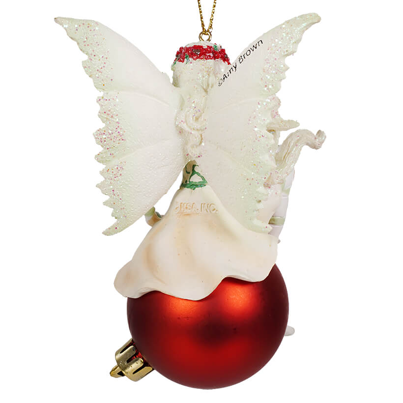 Amy Brown Floral Fairy Sitting On Red Ball Ornament
