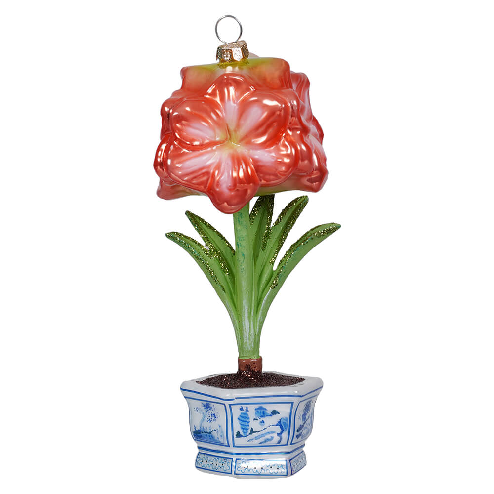 Blue Potted Pink Amaryllis Christmas Ornament