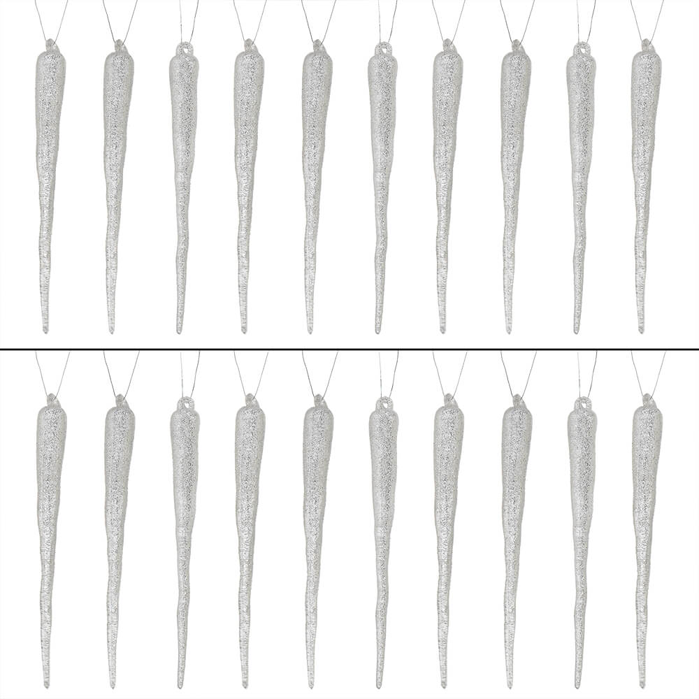 Silver Glittered Icicle Ornaments Set/24