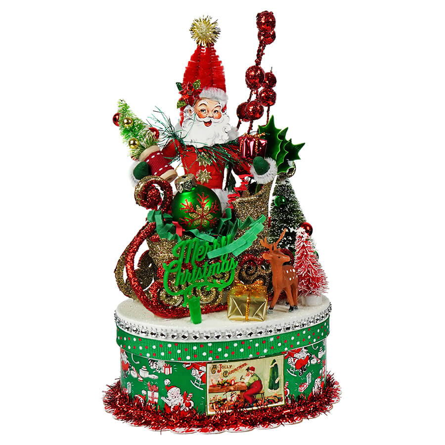 Green & Red Retro Traditional Santa In Sleigh Box