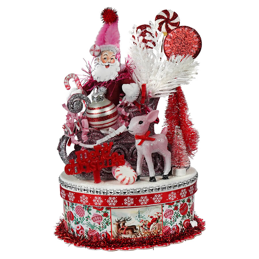 Retro Red Peppermint Santa In Sleigh Box