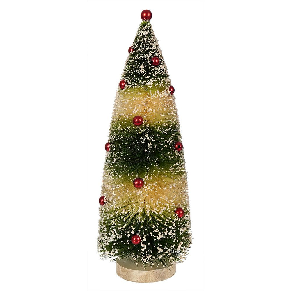 Green Striped Bottle Brush Tree with Red Ornaments