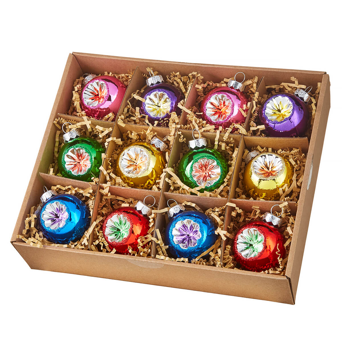Box Of Multicolored Indent Vintage Ornaments Set/12