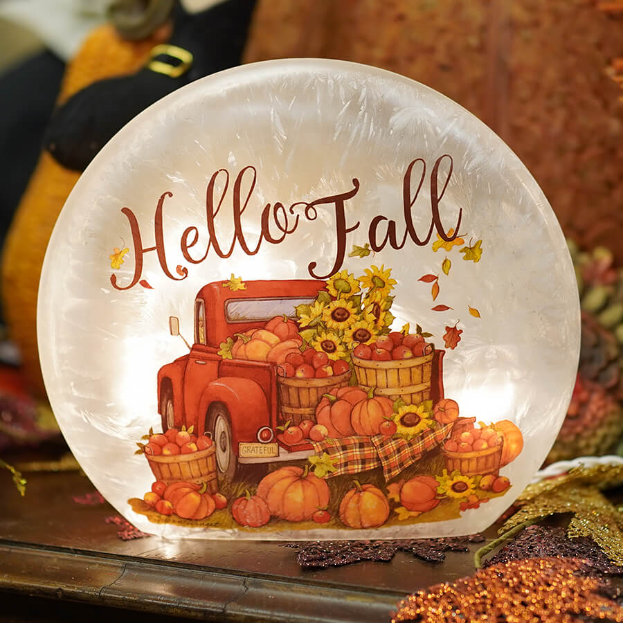 Lighted Hello Fall Frosted Glass Harvest Luminary