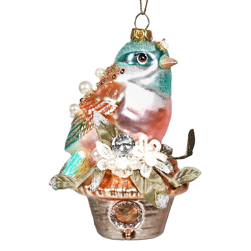 Glittered & Jeweled Turquoise Bird Ornament