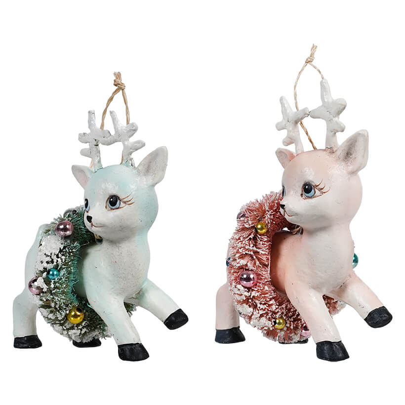 Blue & Pink Reindeer With Wreath Ornament Set/2