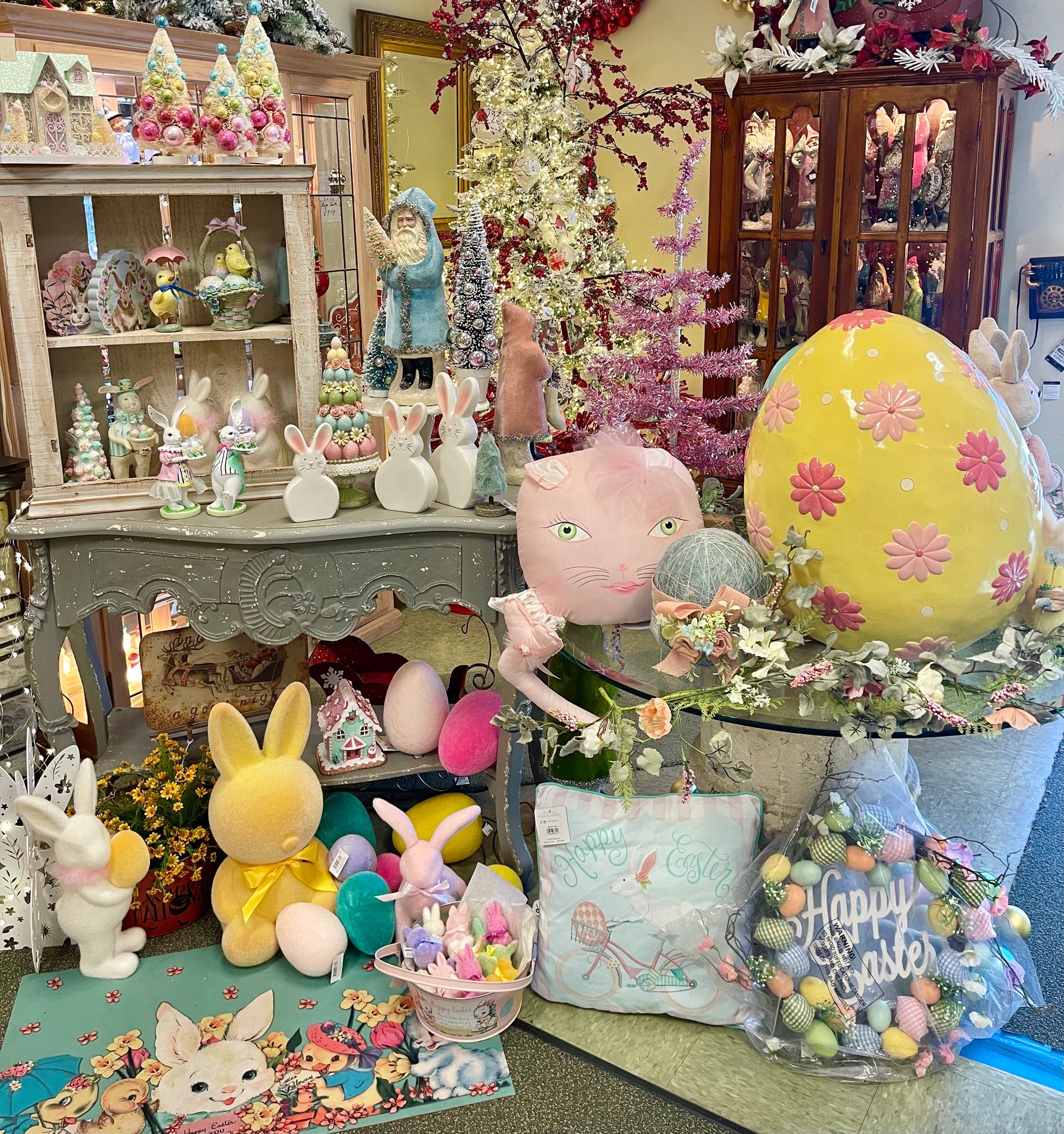 Using pastel Easter decorations, like bunnies, fuzzy chicks and bottle brush trees will add a festive Easter feel to your home.  But don't forget to add some Easter pillows to a could or chair and a Happy Easter wreath to your front door.