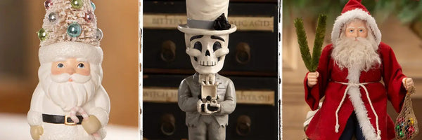 Two Santa's and One Skeleton figure designed by Bethany Lowe