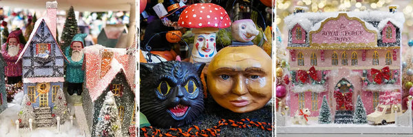Photographs of decor by Cody Foster featuring vintage styled village houses, Halloween buckets including a cat and moon. 