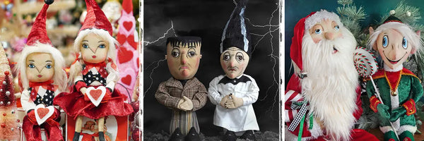 Decorative Valentine's Day, Halloween, and Christmas dolls by Joe Spencer.