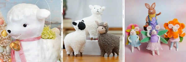 Pictures of our traditional Easter decor featuring lambs, mice, and sheep