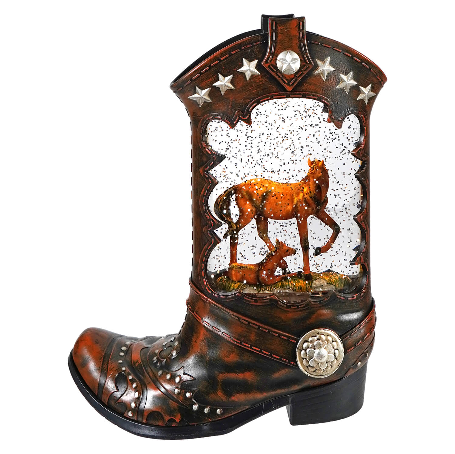 Lighted cowboy boot with led light featuring a spinning snow globe insert of a mare and foal inside