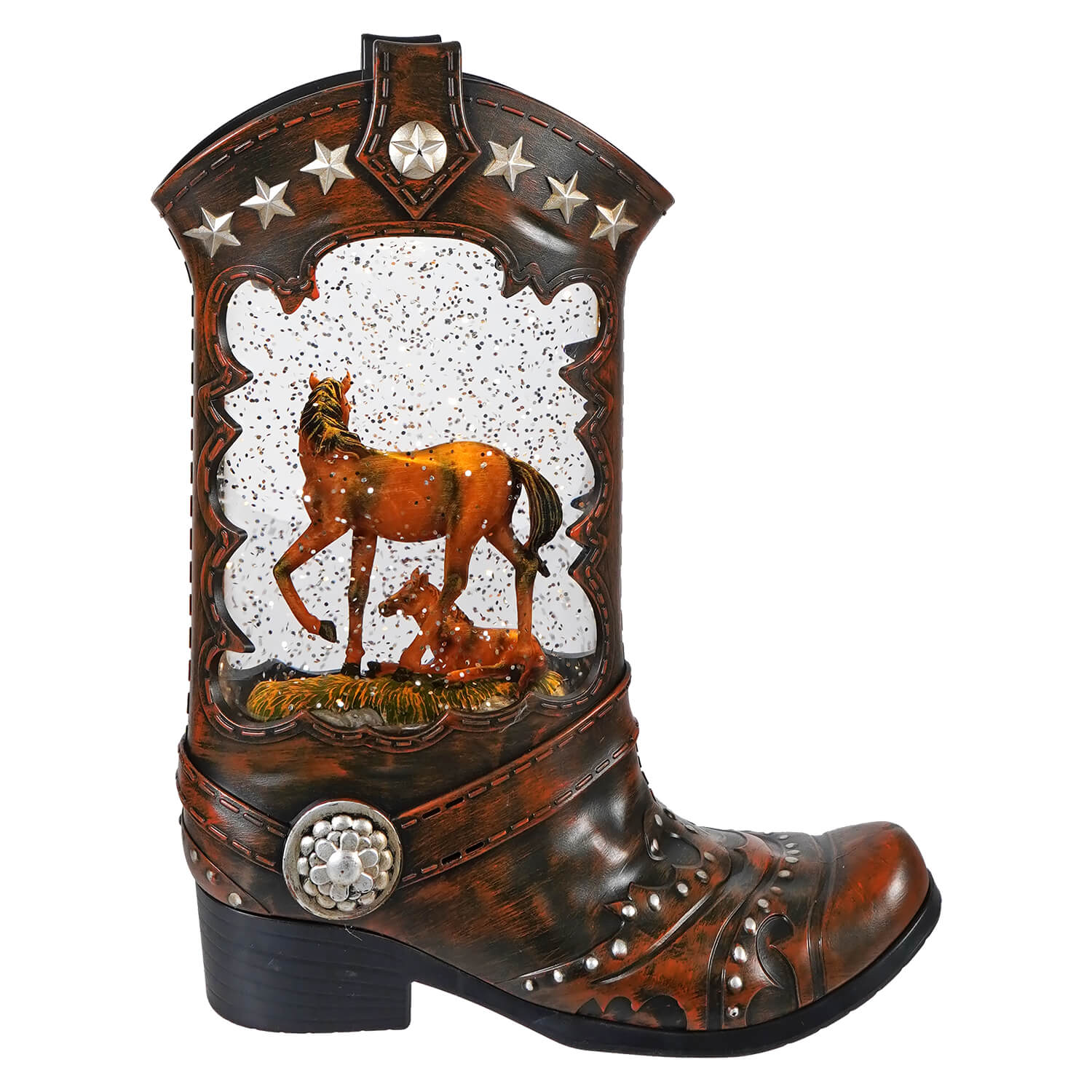 Brown cowboy boot shaped led lighted cowboy snow globe with horse and foal figurine and silver star accents