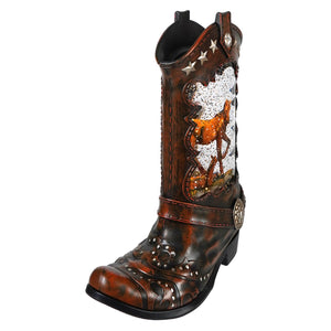 Brown leather lighted cowboy boot with decorative horse design and silver star accents led lighted cowboy style