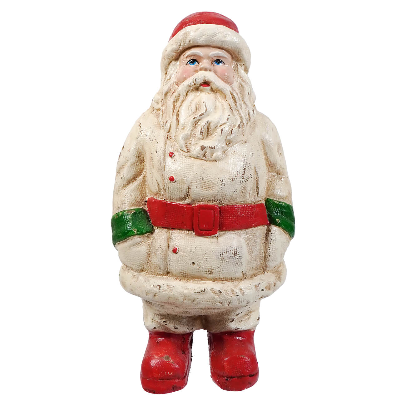 A 10.25 inch white vintage santa figurine with red hat green cuffs and red belt and boots perfect for folk art santas collection