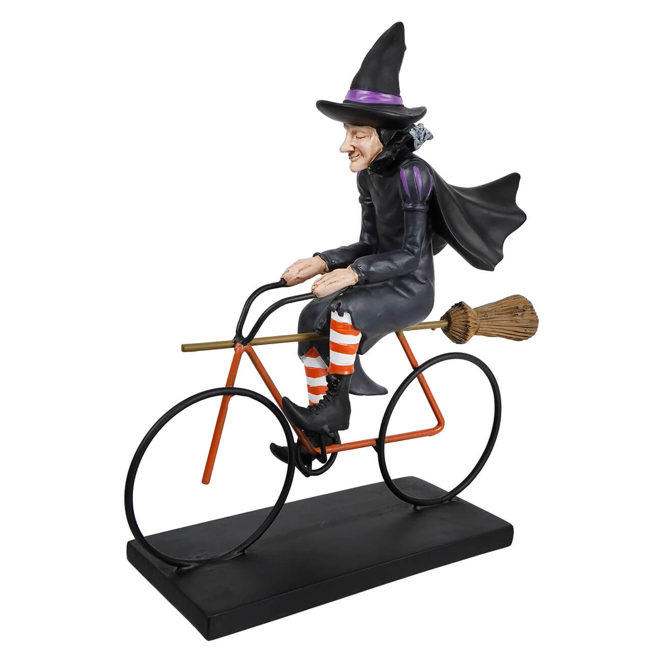 Whimsical 10.5 inch classic witch riding bicycle figurine with broom perfect for halloween witches decor