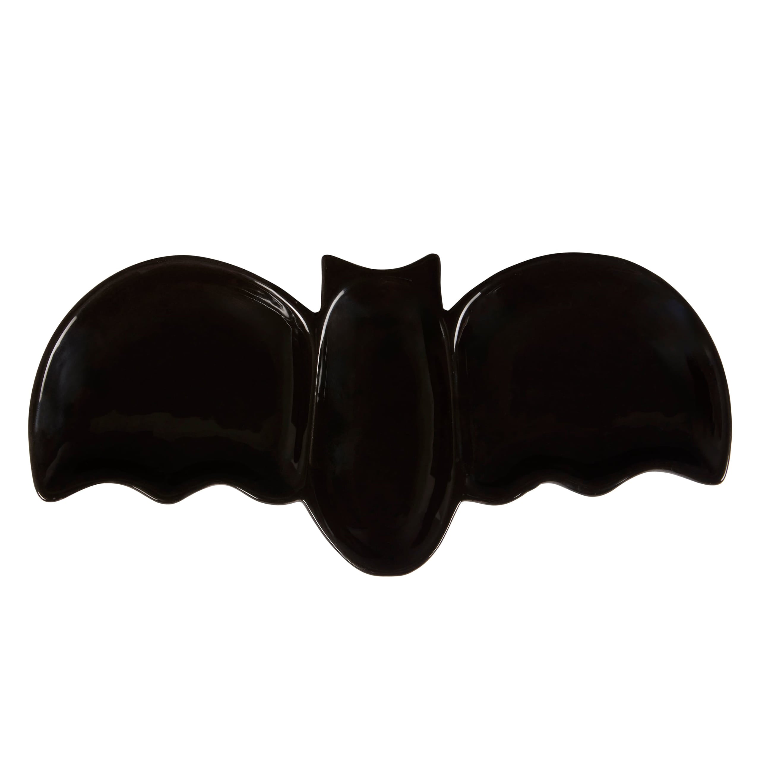 Black glossy ceramic bat tray shaped like a flying bat perfect for serving snacks or appetizers