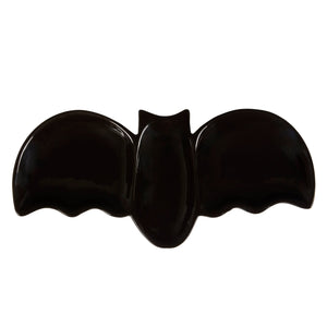 Black glossy ceramic bat tray shaped like a flying bat perfect for serving snacks or appetizers