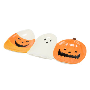 Halloween tidbit tray ceramic serving tray with smiling candy corn ghost and orange jack o lantern for snacks and treats