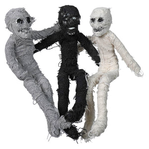 Three 10 inch fabric posable mummies in black gray and white coarse burlap perfect for halloween figural decor