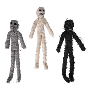 Three 10 inch posable fabric mummies in black gray and white perfect for halloween figural decor