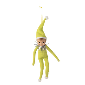 10 inch lime green felt cheeky elf doll ornament with white trim pom poms and silver tinsel collar for gnomes and elf ornaments