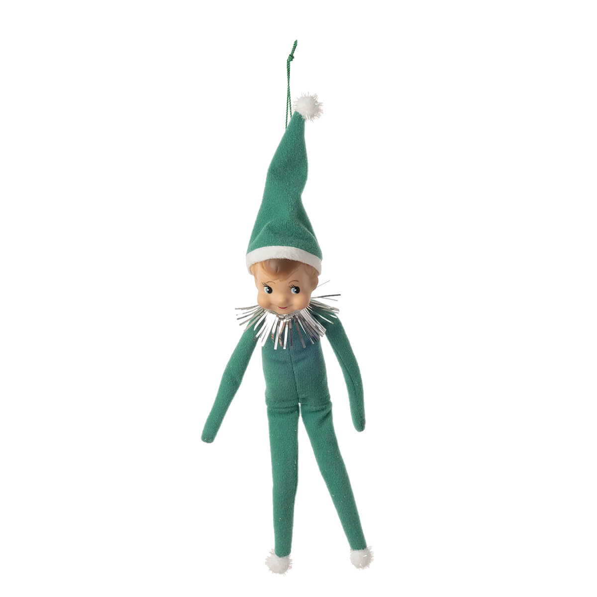 10 inch green felt cheeky elf doll ornament with white trim hat and silver tinsel collar for gnomes and elf ornaments