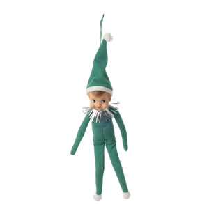 10 inch green felt cheeky elf doll ornament with white trim hat and silver tinsel collar for gnomes and elf ornaments