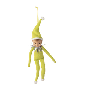 A lime green felt cheeky elf doll ornament with white trim and silver tinsel collar hanging by yellow string