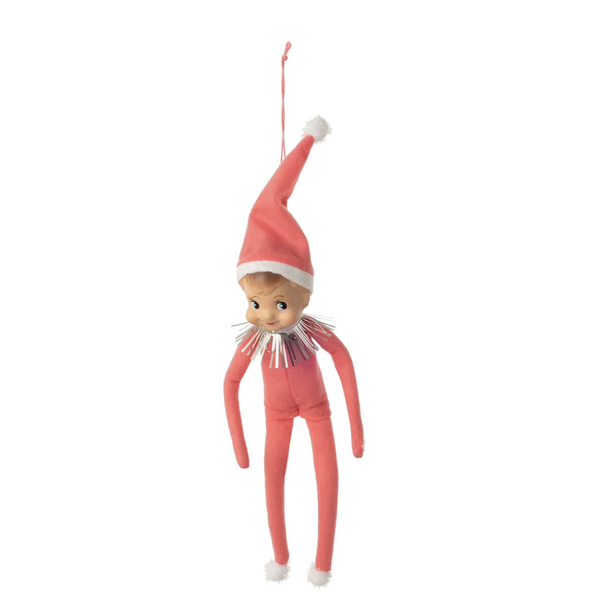 10 inch coral felt cheeky elf doll ornament with white trim and silver tinsel collar hanging by red string