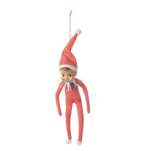 10 inch coral felt cheeky elf doll ornament with white trim and silver tinsel collar hanging by red string