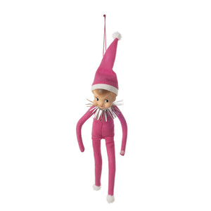 Pink knitted felt cheeky elf doll ornament with white-trimmed hat and silver fringe collar perfect for gnomes & elf ornaments