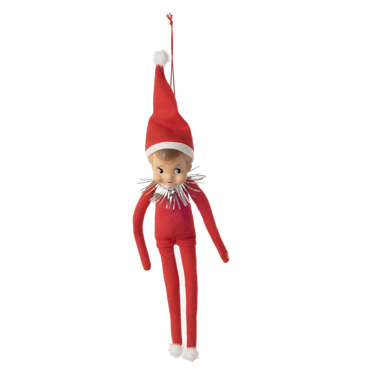 Red felt cheeky elf doll ornament with white trim hat and silver tinsel collar perfect for gnomes and elf ornaments