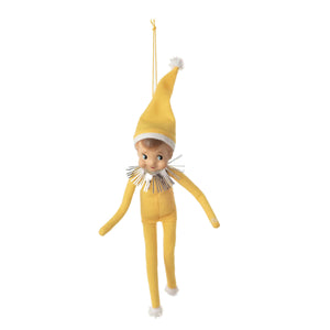 Yellow felt cheeky elf doll ornament with pointed hat silver tinsel collar and white pom-pom accents for holidays