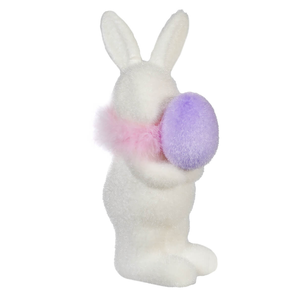 White plush bunny holding a purple egg.