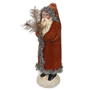 10 inch ginger and silver belsnickle santa figure with rust velvet robe and pine branch by ragon house christmas