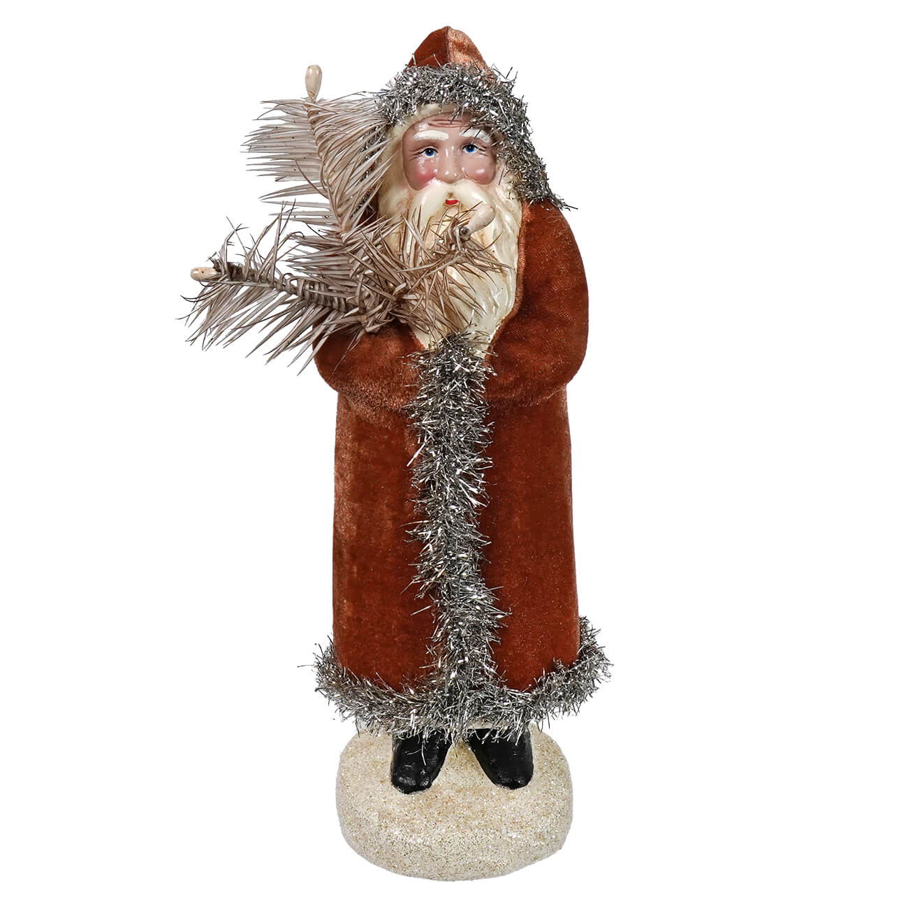 10 inch ginger and silver belsnickle santa figure in rust velvet coat with silver tinsel holding pine branch for dragon house christmas