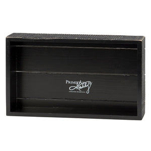 Black wooden wall shelf with distressed finish and primitives by kathy logo for happy halloween pumpkin block sign decor