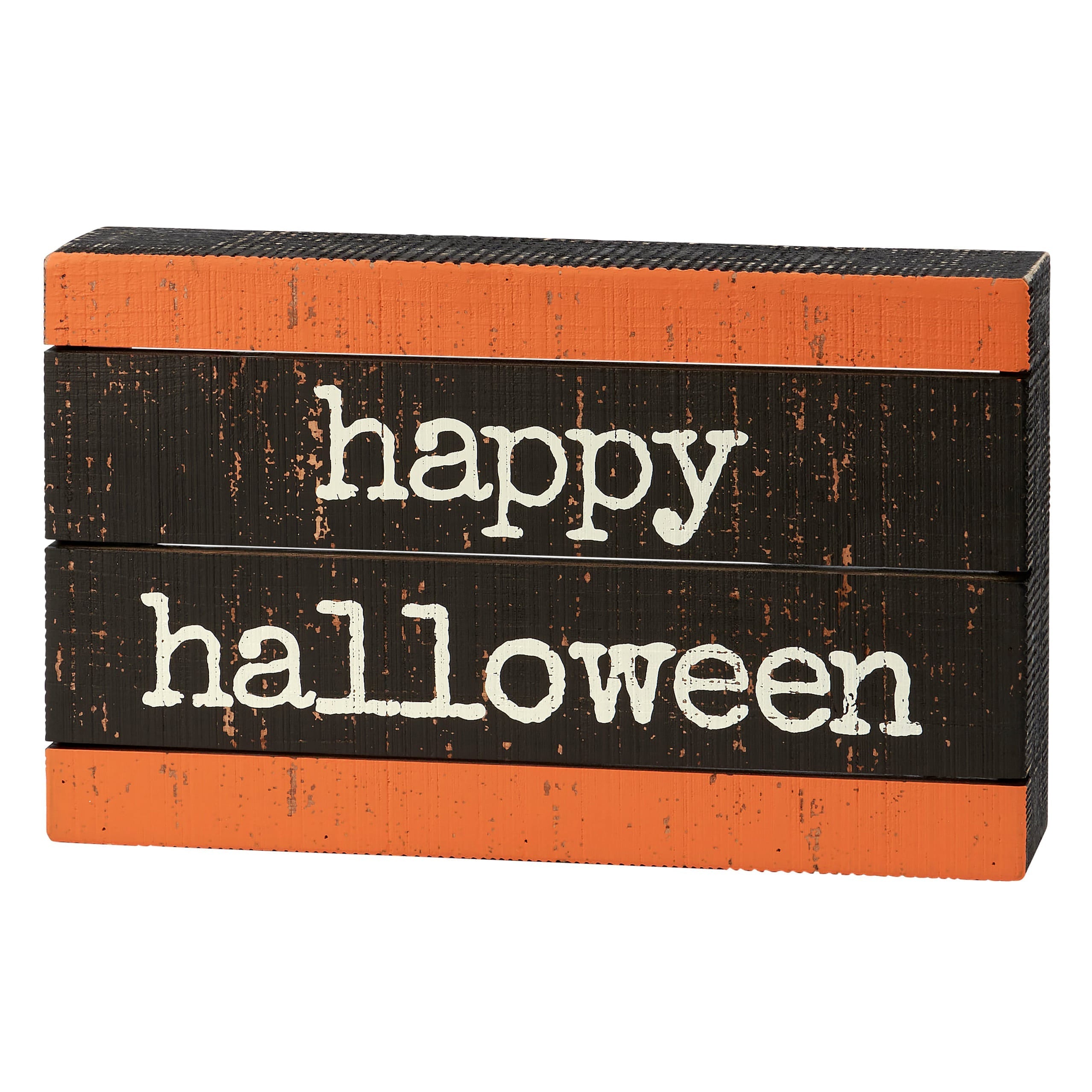 Happy halloween slat box sign in orange and black wood with distressed white lettering by michele kixmiller figural decor pumpkin block sign