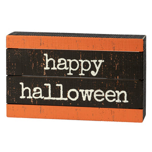 Happy halloween slat box sign in orange and black wood with distressed white lettering by michele kixmiller figural decor pumpkin block sign