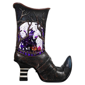 Black glittery water globe boot with led lighted spinning water and witch stirring bubbling cauldron inside