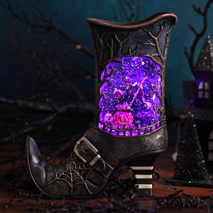 Black witch water globe boot with led lighted spinning water and witch stirring bubbling purple glowing interior